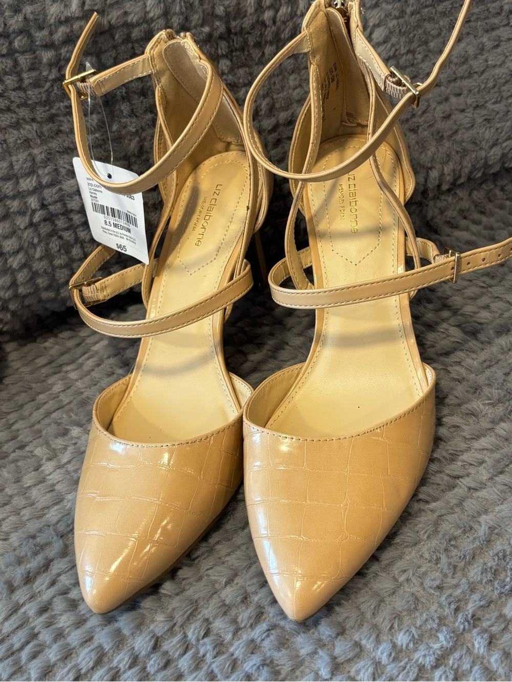 Liz Claiborne Beige Patent Croc-Embossed Pointed-Ankle Strap Heels